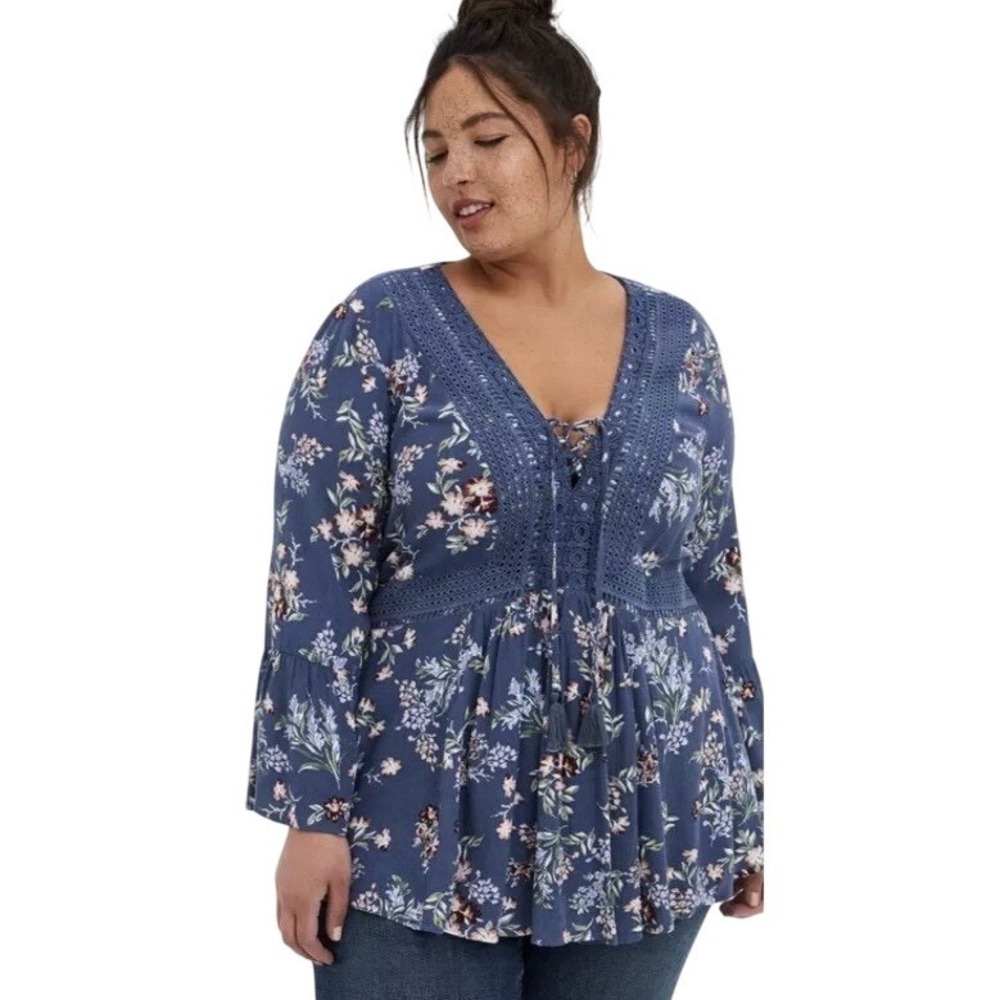 Torrid Floral Gauze Lace Up Babydoll Blouse Top Womens 3X Boho Bell Sleeve Plus